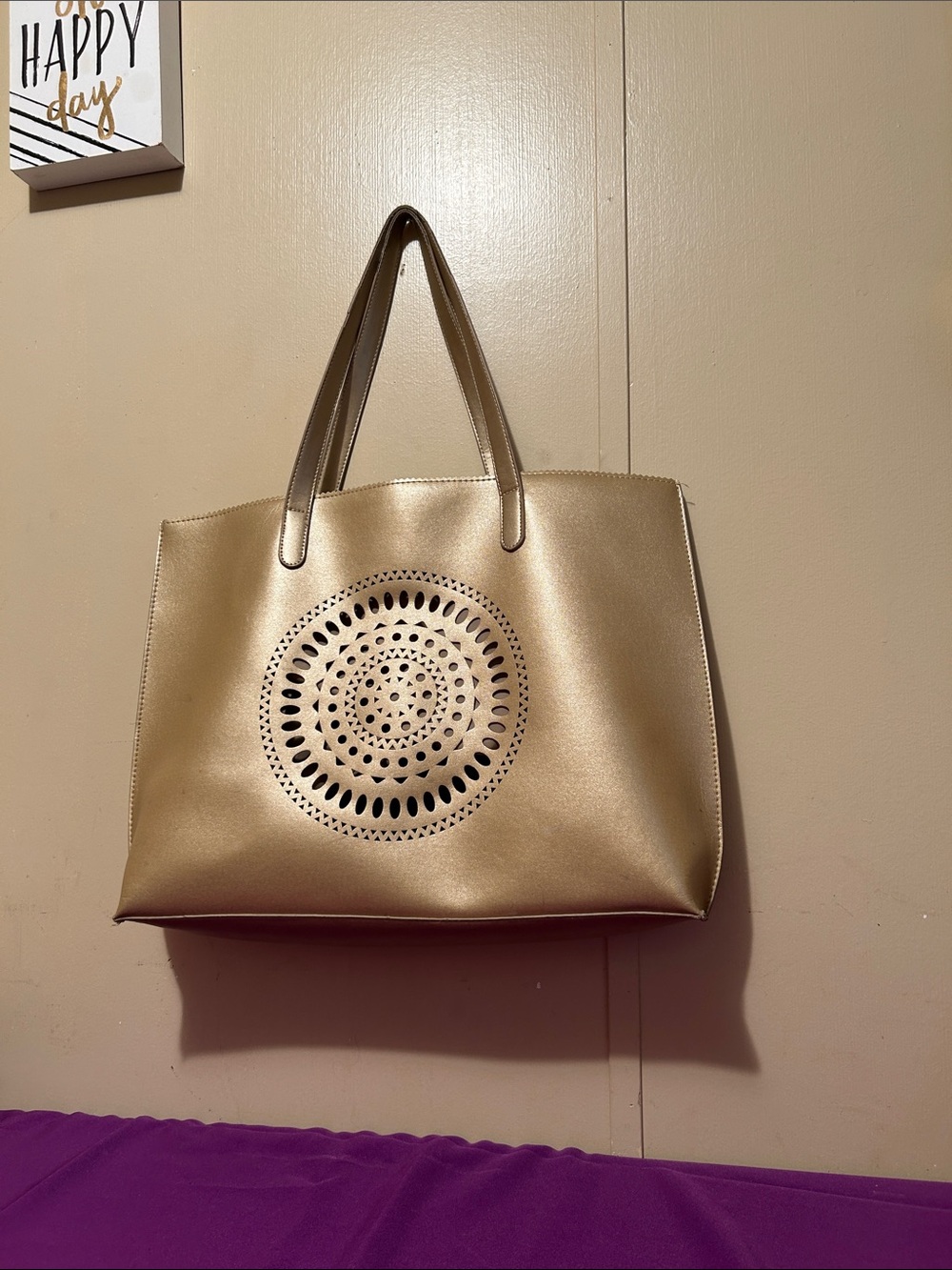 Neiman Marcus Metallic Gold Tote with Laser-Cut Medallion